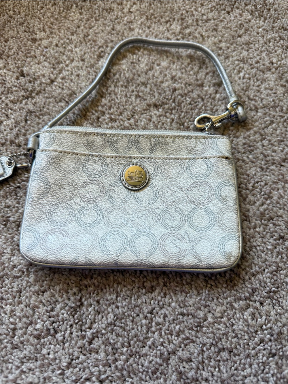 Coach Signature Wristlet in Silver and Light Gray